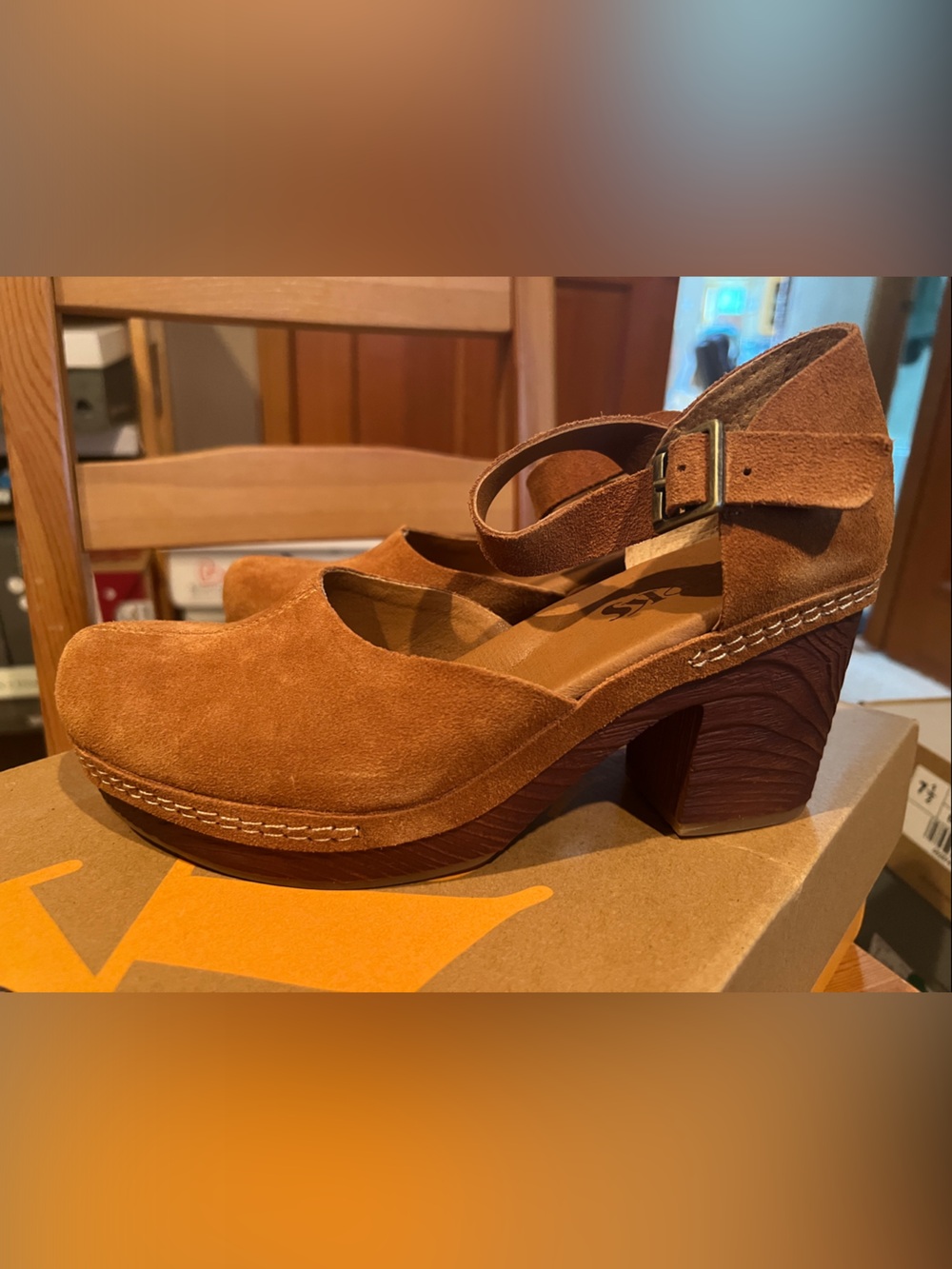 Kork-Ease Cognac Suede Peep-Toe Slingback Sandal